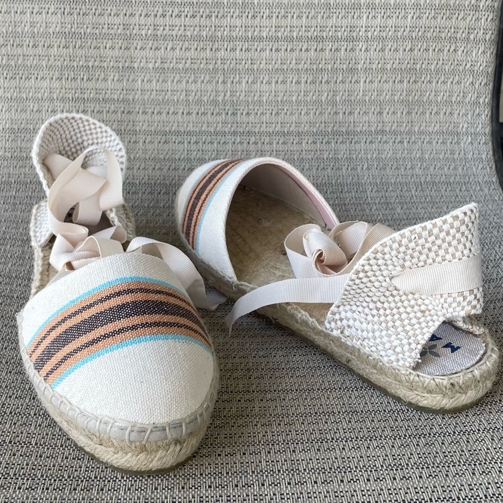 Manebi Flat Valenciana Hamptons Tie Ankle Wrap Espadrille Size 9
